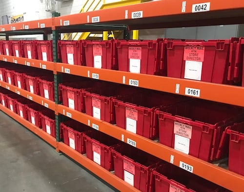 Warehouse totes with labels